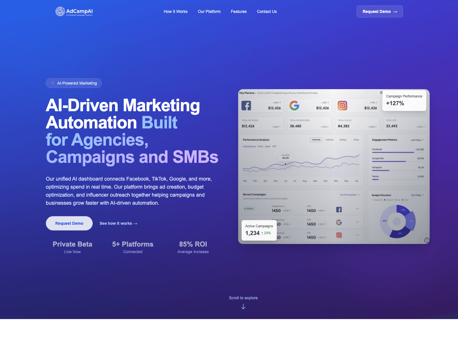 Screenshot of the AdCampAI investor preview website.