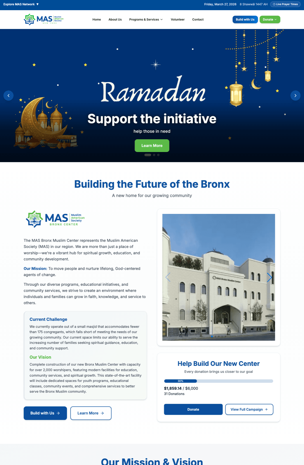 Homepage view of the Bronx Muslim Center website.