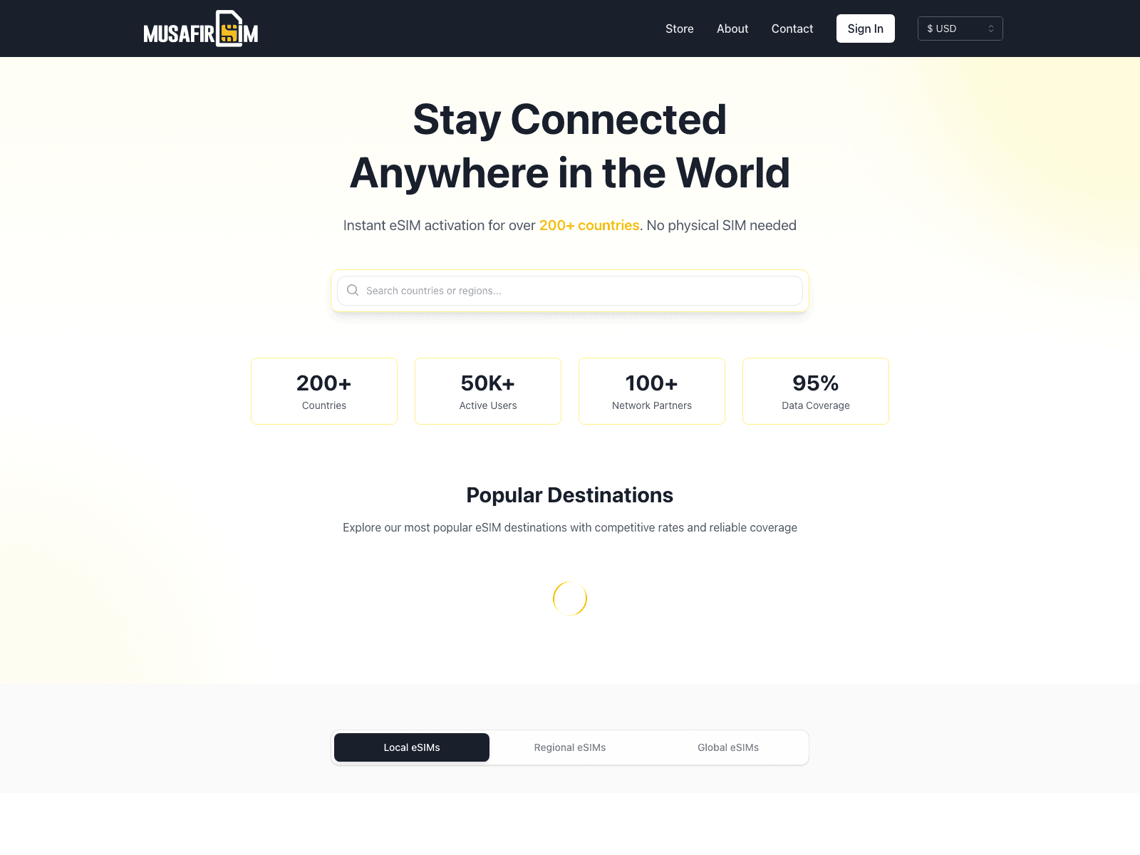 MusafirSIM travel eSIM storefront homepage.